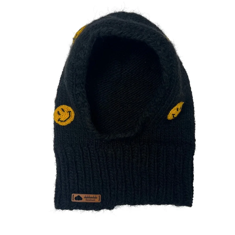 Daldandala Handmade Black Knit Balaclava Smiley‎ Face Yellow Crochet Applique